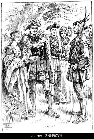 Woodcut of Robin Hood meeting with Maid Marion and the Sheriff of Nottingham, 1913. Robin Hood was a popular folk figure in the Late Middle Ages, who is said to have robbed from the rich and given to the poor. The earliest known ballads featuring him are from the 15th century. Stock Photo