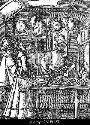 A mirror maker in his workshop, with convex mirrors on display and two customers trying out hand-held mirrors. Woodcut from Jost Amman's Book of Trades, 1568. Stock Photo
