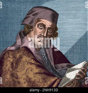 Augustine of Hippo (354-430), also known as Saint Augustine, was a theologian and philosopher of Berber origin and the bishop of Hippo Regius in Numidia, Roman North Africa. His writings, which influenced the development of Western philosophy and Western Christianity, include The City of God, On Christian Doctrine, and Confessions. Engraving by William Marshall, active 1617-1650. Colorized. Stock Photo