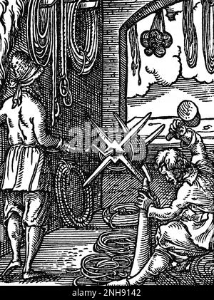 A ropemaker and his assistant making ropes for use in ships, building ...