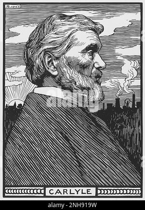 Thomas Carlyle (1795-1881), Scottish essayist and historian. Woodcut by Robert Bryden (1865-1939), a Scots artist and sculptor, from 1901. Stock Photo