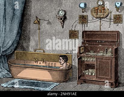 A man in a bath receiving gentle electrical currents ('a little constant and faradic current operation') as a form of therapy, from a wood engraving that appeared in an 1886 GEC catalogue. Colorized. Stock Photo