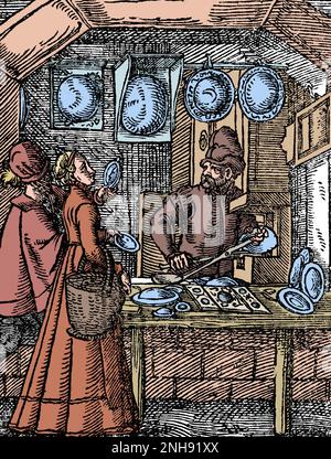 A mirror maker in his workshop, with convex mirrors on display and two customers trying out hand-held mirrors. Woodcut from Jost Amman's Book of Trades, 1568. Colorized. Stock Photo