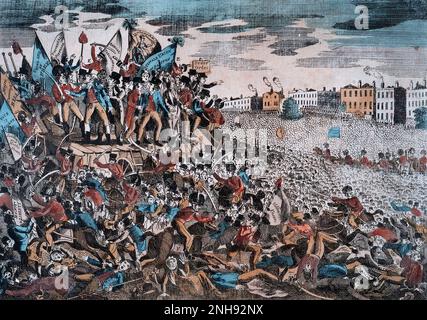 The Peterloo Massacre took place at St Peter's Field, Manchester, Lancashire, England, on Monday 16 August 1819. Fifteen people died when cavalry charged into a crowd of around 60,000 people who had gathered to demand the reform of parliamentary representation. This print was published on the 27th of August, 1819, and depicts radical orator Henry Hunt's arrest by constables. Stock Photo