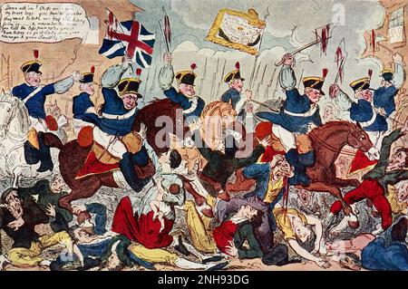 The Massacre of Peterloo or Britons Strike Home, representing the charge of the Manchester Yeomanry on the unarmed populace in St. Peter's Fields, Manchester. George Cruikshank, 1819. The Peterloo Massacre took place at St Peter's Field, Manchester, Lancashire, England, on Monday 16 August 1819. Fifteen people died when cavalry charged into a crowd of around 60,000 people who had gathered to demand the reform of parliamentary representation. Stock Photo