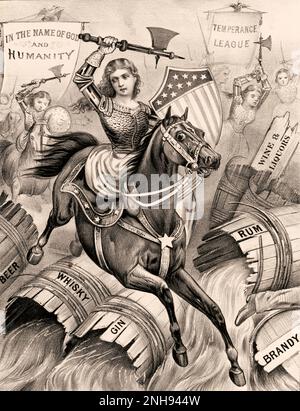 Woman's holy war. Grand charge on the enemy's works, Currier & Ives, c. 1874. The 'Holy War' was the nineteenth-century crusade for temperance and prohibition, whose advocates were predominantly clergymen and women. Stock Photo