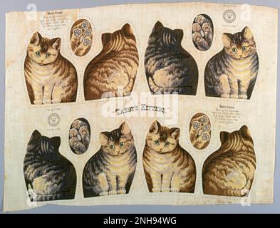 Cotton textile panel of Tabby's Kittens, meant to be cut and sewn into stuffed toys. Sewing instructions are printed on the upper left and lower right sides. Date 1892. The Ithaca Kitty, originally known as The Tabby Cat, was a popular stuffed toy in the United States and started a fad for plush toys that lasted from its introduction in 1892 until after World War I. Inspired by a cat from Ithaca, new York, a patented Tabby Cat design was sold on half a yard of muslin for ten cents each. Nearly 200,000 were sold the first holiday season. Stock Photo