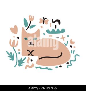 Cat and flowers freehand vector illustration Stock Vector