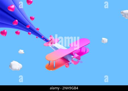Minimal background for children's games concept. Launching airplane toy with heart on blue background. 3d rendering illustration. Clipping path of eac Stock Photo