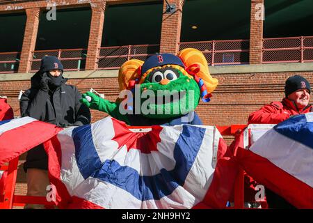 BOSTON, MA - FEBRUARY 03: Boston Red Sox mascot, Tessie the Green Monster,  tosses soft baseballs to fans while on a flatbed truck ahead of the spring  training equipment truck as it departs on Boston Red Sox Truck Day on  February 3, 2023, at Fenway