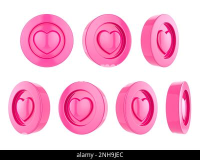 Set Cartoon pink coins with heart on a white isolated background 3D illustration Stock Photo