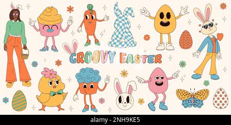 Groovy hippie Happy Easter set. Easter bunny, eggs, butterflies, cupcakes, chickens. Set of cartoon characters and elements in trendy retro 60s 70s ca Stock Vector