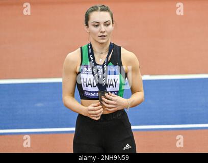 Birmingham,  UK,  19  February 2023. Lucy HADAWAY of City of York AC finishes Second in the Womens Long Jump at the UK Athletics Indoor Championships. Stock Photo