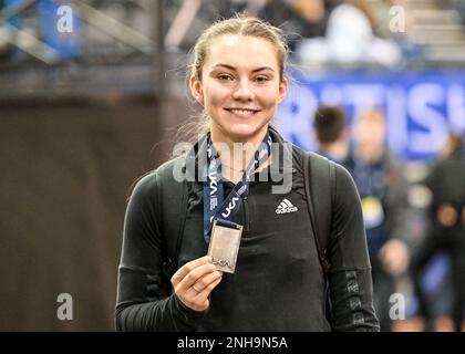 Birmingham,  UK,  19  February 2023. Lucy HADAWAY of City of York AC finishes Second in the Womens Long Jump at the UK Athletics Indoor Championships. Stock Photo