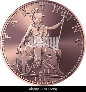 Vector money bronze coin British farthing, Britannia on reverse Stock Vector