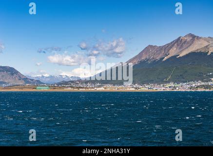 Panorama of the city of Ushuaia in Patagonia Argentina showing the airport Stock Photo