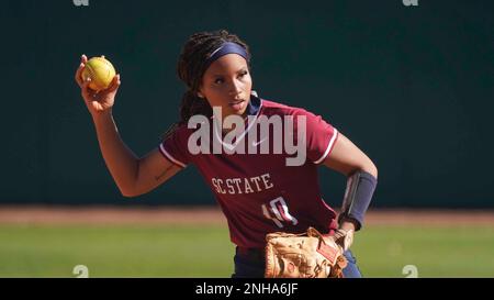 South Carolina State's Taylor Ames-Alexander throws the ball during an NCAA  softball game against Holy Cross on Saturday, Feb.18, 2023, in Spartanburg,  S.C. Holy Cross won 2-0. (AP Photo/Sean Rayford Stock Photo 