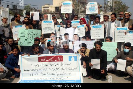 Members of Civil Society are holding demonstration to promote their mother tongue on the occasion of International Mother Language Day, at Peshawar press club on Tuesday, February 21, 2023. Stock Photo