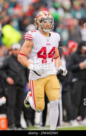 Jan 29, 2023; Philadelphia, Pennsylvania, USA; San Francisco 49ers punter  Mitch Wishnowsky (18) punts the ball away during the first half of the NFC  Championship against the Philadelphia Eagles in Philadelphia, Pennsylvania.