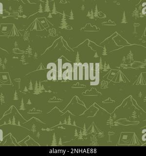 Cute hand drawn seamless pattern with camping doodles, tents, landscape and trails, great for textiles, banners, wallpapers Stock Vector