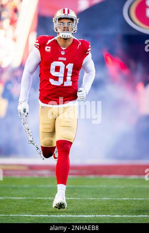 SANTA CLARA, CA - JANUARY 22: San Francisco 49ers defensive end Arik  Armstead (91) runs onto the field before the NFL NFC Divisional Playoff  game between the Dallas Cowboys and San Francisco 49ers at Levi's Stadium  in Santa Clara, CA. (Photo