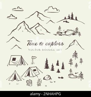 Cute hand drawn vector camping doodles, tents, landscape, trees and decoration. Stock Vector