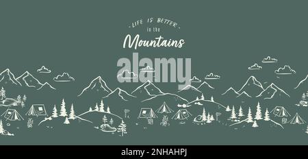 Cute hand drawn seamless pattern with camping doodles, tents, landscape and trails, great for textiles, banners, wallpapers Stock Vector
