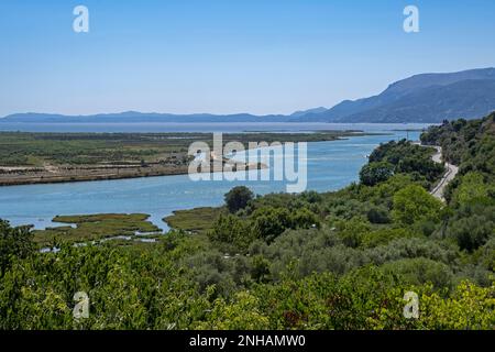 Vivari Channel and Lake Butrint / Liqeni i Butrintit, salt lagoon south of Saranda in summer, Vlorë County, southern Albania Stock Photo