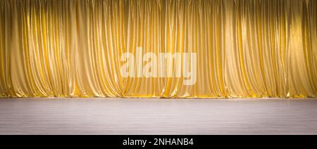 gold curtains on light wooden floor. 3d render Stock Photo