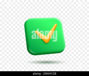 Accept tick check mark vector 3d render button. Green gradient app icon on transparent background Rounded rectangle shape for web and mobile Stock Vector