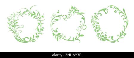 Floral frame collection with retro, vintage green herbal elements. Spring set of circular leafs, invitation label. Stock Vector