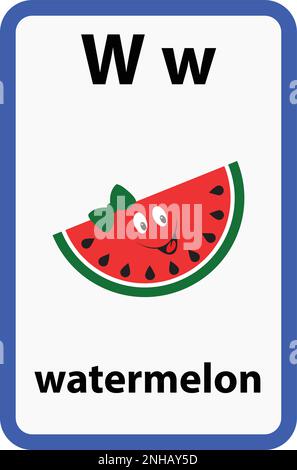 Alphabet flashcard for children with the letter w from watermelon Stock Vector