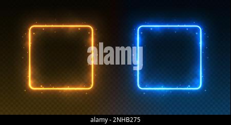 Neon square frames, glowing rectangular borders with smoke and sparkles, ice and fire portals concept Stock Vector