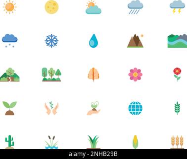 Nature and environment set of icons in flat style. Pack of bright icons of ecology, weather, seasons and landscape. Vector art Stock Vector
