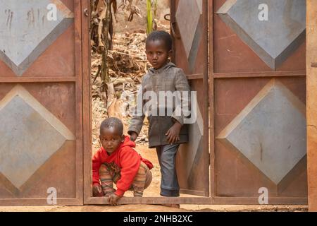 Karatu, Tanzania - October 16th, 2022: Two children at their yard gate in Karatu, Tanzania. There are six fingers on the boy's left hand. Stock Photo