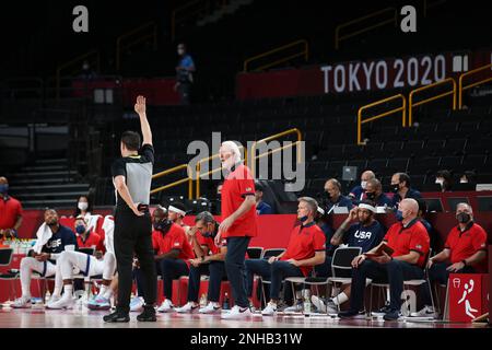 AUG 7, 2021: head coach Gregg Popovich of United States in the Men's Basketball Final between USA and France at the Tokyo 2020 Olympic Games (Photo by Mickael Chavet/RX) Stock Photo