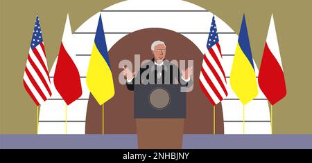 Warsaw. On February 21, 2023, US President Joe Biden delivered a speech on the anniversary of the Russian invasion of Ukraine as part of his visit to Stock Photo