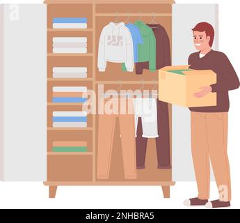 Man with box near open bedroom closet semi flat color vector character Stock Vector