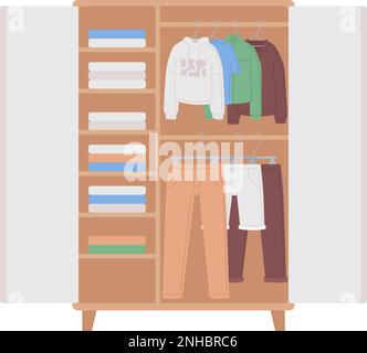 Wardrobe with organized clothes and shelves semi flat color vector object Stock Vector