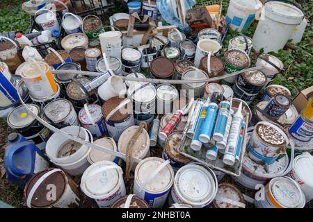 Used paint pots and decorating materials UK Stock Photo