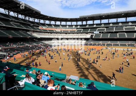 ATLANTA, GA - JANUARY 21: Braves fans play catch on the field during the 2023  Braves Fest on January 21, 2023 at The Battery and Truist Park in Atlanta,  Georgia. (Photo by