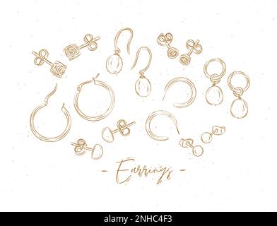 Earrings from precious metals with diamonds and pearls drawing in graphic style on beige background. Stock Vector