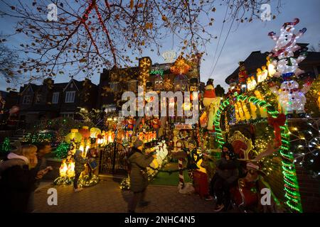 Christmas lights glow in Dyker Heights in Brooklyn New York City on 2022 Stock Photo