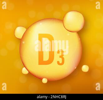 Vitamin D 3 gold shining icon. Ascorbic acid. Vector illustration Stock Vector