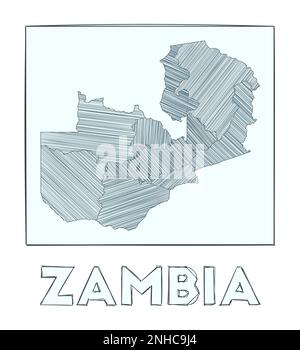 Sketch map of Zambia. Grayscale hand drawn map of the country. Filled regions with hachure stripes. Vector illustration. Stock Vector