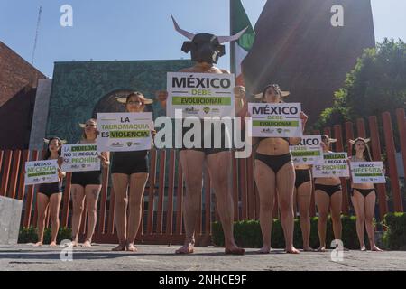 Mexico City, Mexico. 21st Feb, 2023. February 21, 2023. Mexico City, Mexico: Members of the ''Animal Heroes'' collective, peacefully protested outside of the chamber of represetatives in San Lázaro, some of the members of this collective painted their bodies with red paint to simulate blood and used horns and masks to ask the federal deputies to dictaminate about the legislative proposal they made to the enviroment commision about bull torture in bullfighting events./Eyepix Group Credit: Sipa USA/Alamy Live News Stock Photo