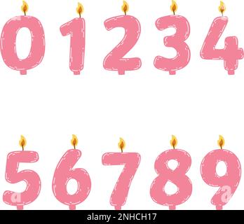 Hand drawn birthday candles numbers with burning flame. Vector illustration of design element for birthday cakes in flat style. Stock Vector