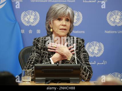 New York, United States. 21st Feb, 2023. Jane Fonda speaks at a panel related to the UN High Seas Treaty at the United Nations Headquarters on Tuesday, February 21, 2023 in New York City. A new round of negotiations on the United Nations High Seas Treaty for conservation and sustainable use of marine biological diversity of areas beyond national jurisdiction (BBNJ) began in New York February 20, 2023. Photo by John Angelillo/UPI Credit: UPI/Alamy Live News Stock Photo