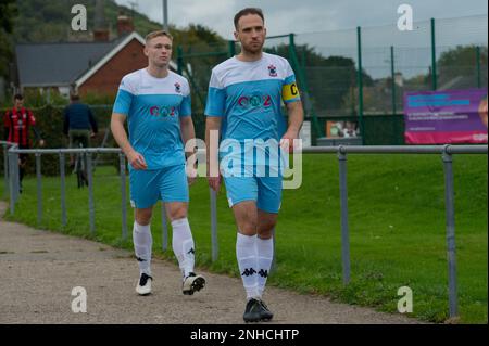 GUILSFIELD, WALES - 23 October 2021: JD Cymru North league fixture between Guilsfield FC & Colwyn Bay FC, Clos Mytton Stadium, Guilsfield, Wales, 23rd Stock Photo