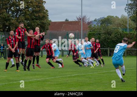 GUILSFIELD, WALES - 23 October 2021: JD Cymru North league fixture between Guilsfield FC & Colwyn Bay FC, Clos Mytton Stadium, Guilsfield, Wales, 23rd Stock Photo